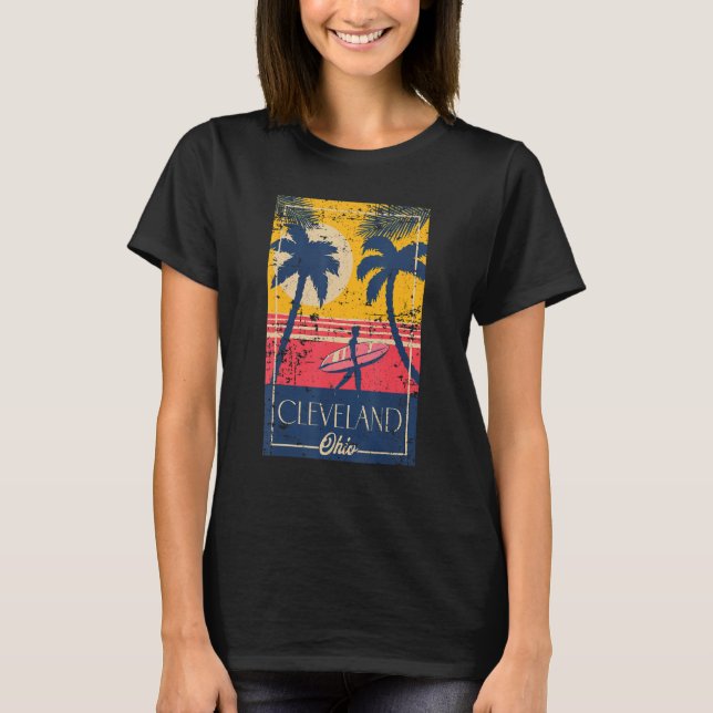 Cleveland Ohio Retro Palm Trees Surf Distressed De T-Shirt (Front)