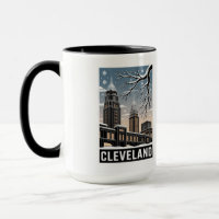 Cleveland Ohio Skyline Winter Woodcut Black&White