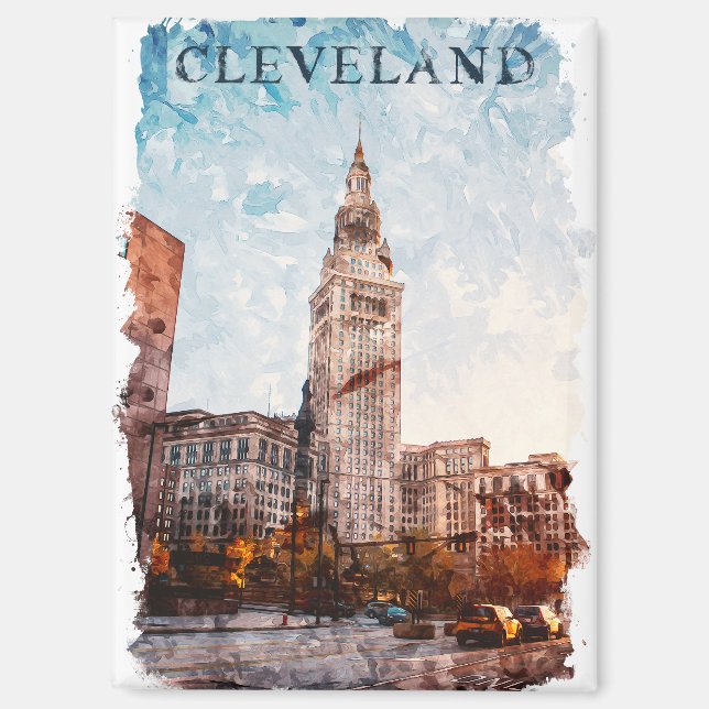 Cleveland Ohio Watercolor City View Magnet (Front)
