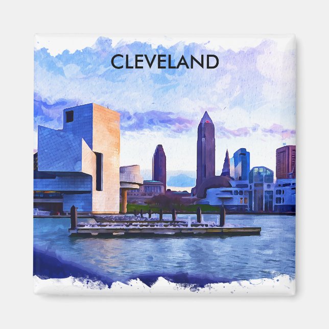 Cleveland Ohio Watercolor Cityscape View Magnet (Front)