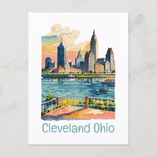 Cleveland Ohio Watercolor Skyline Postcard