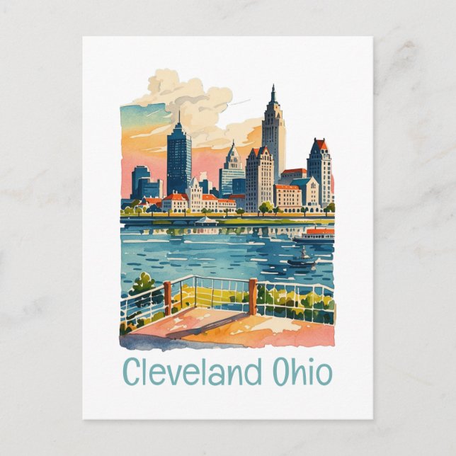 Cleveland Ohio Watercolor Skyline Postcard (Front)