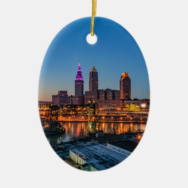 Cleveland Skyline at Sunset Ceramic Tree Decoration (Front)