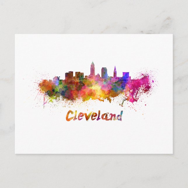 Cleveland skyline in watercolor postcard (Front)