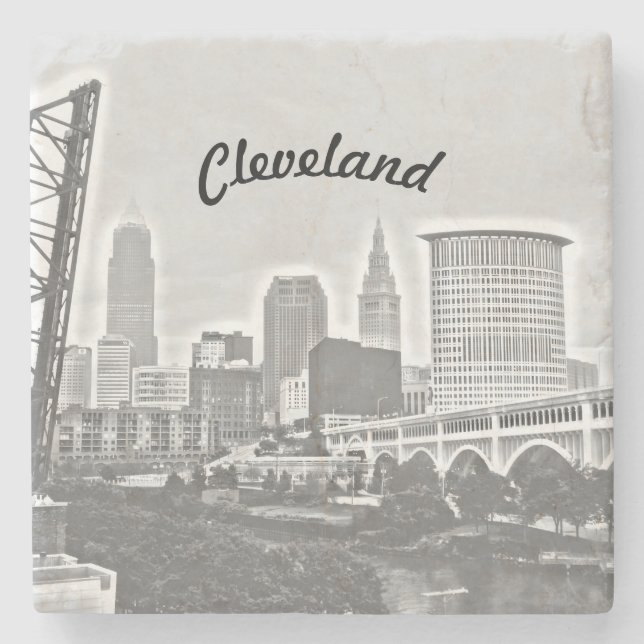 Cleveland West Black & White Skyline Stone Coaster (Front)