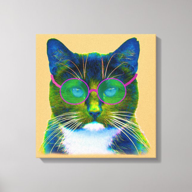Clever Cat with Glasses Stretched Canvas Print (Front)