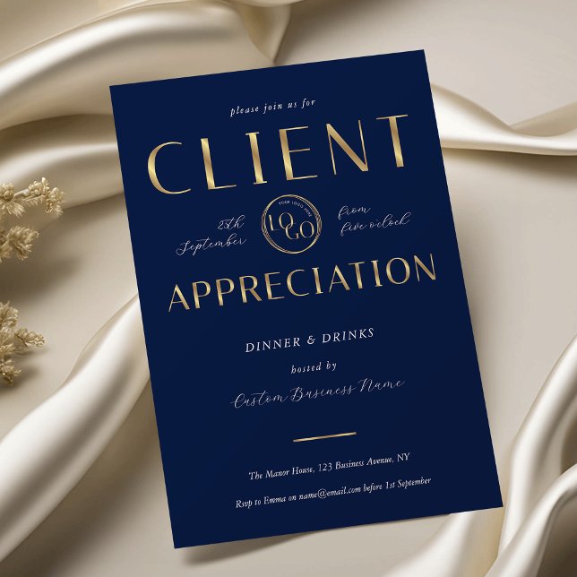 Client Appreciation Day Navy & Gold Logo Company Invitation (Creator Uploaded)