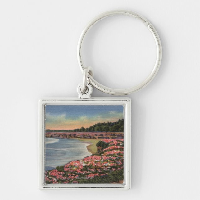 Cliff Drive View of Ocean, Beach, & Flowers Key Ring (Front)