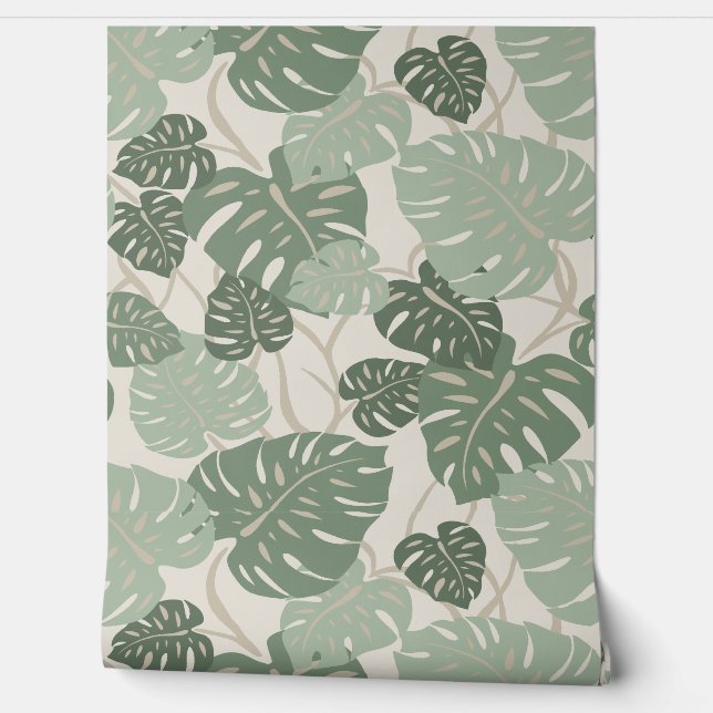 Cliff Hanger Hawaiian Monstera Leaf  - Smoke Green Wallpaper (Unrolling)