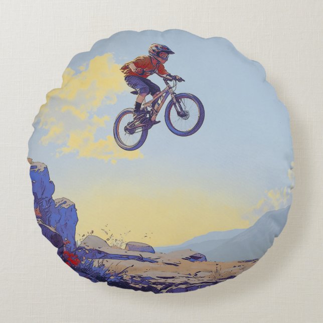 Cliff Jumping BMXer- BMX Rider Design Round Cushion (Front)