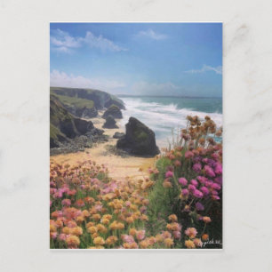 Cliff top view of beach with flowers, postcard