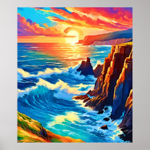Cliffs at Sunset: Ocean's Golden Hour Poster