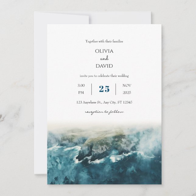 Cliffs Highland Coast Watercolor Beach Wedding  Invitation (Front)