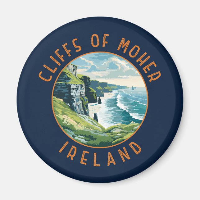 Cliffs of Moher Ireland Retro Distressed Circle Magnet (Front)