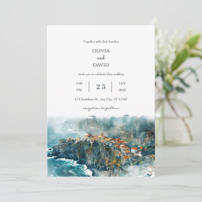 Cliffside Coastal Village Watercolor Beach Wedding Invitation (Standing Front)