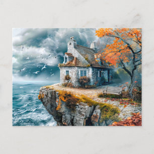 Cliffside Cottage Over Stormy Sea Postcard