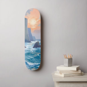 Cliffside Cove   Coastal Ocean Watercolor Painting Skateboard