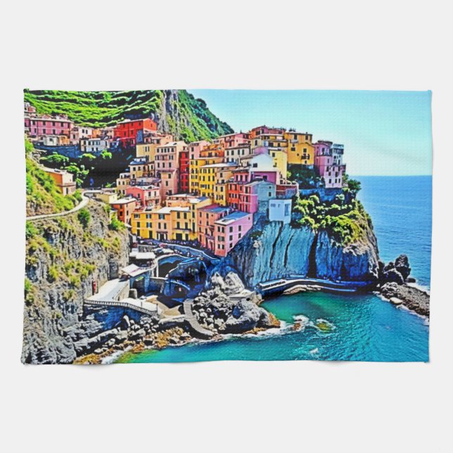Cliffside Dreams: Manarola’s Colours Tea Towel (Horizontal)