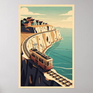 Clifftop Tram and Seaside Village Vintage Travel P Poster