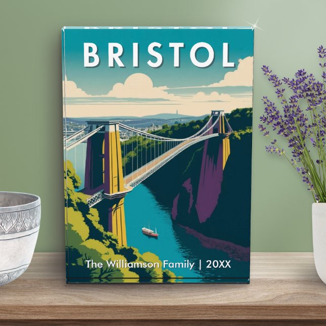 Clifton Suspension Bridge Bristol UK Retro Custom Photo Block (A personalized block featuring a retro illustration of the Clifton Suspension Bridge in Bristol, UK)