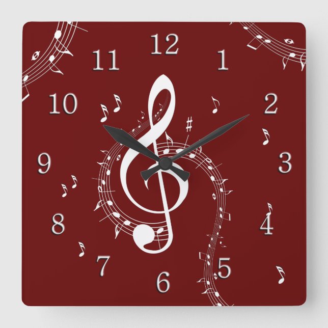 Climactic G Clef Music Red w/ White Numbers Square Wall Clock (Front)