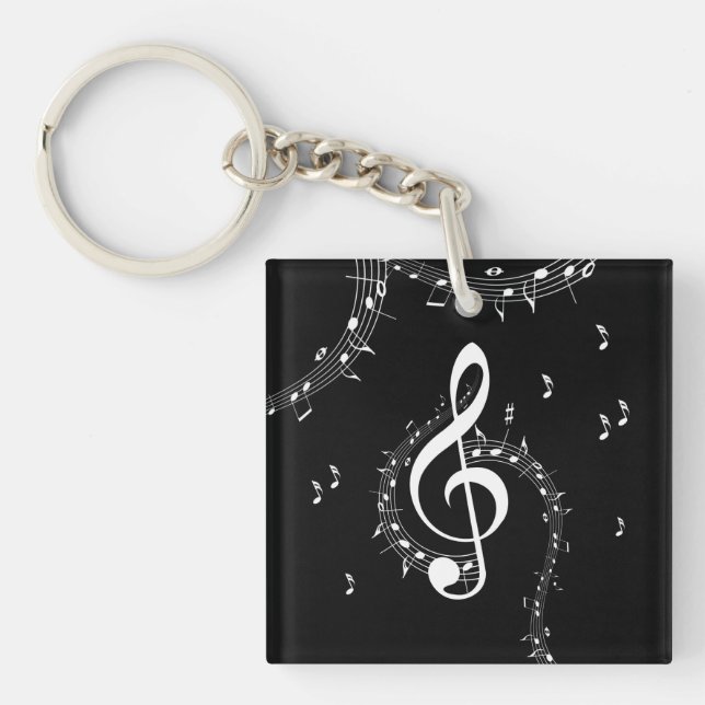 Climactic G Clef White Music on Black  Key Ring (Front)