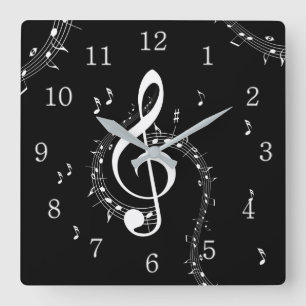 Climactic G Clef White Music on Black  Square Wall Clock