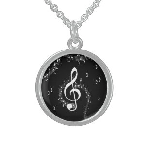 Climactic G Clef White Music on Black  Sterling Silver Necklace