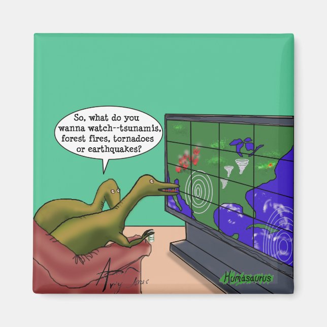 Climate Change Dinosaurs Parody Cartoon Magnet (Front)