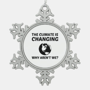 CLIMATE IS CHANGING WHY AREN'T WE SNOWFLAKE PEWTER CHRISTMAS ORNAMENT