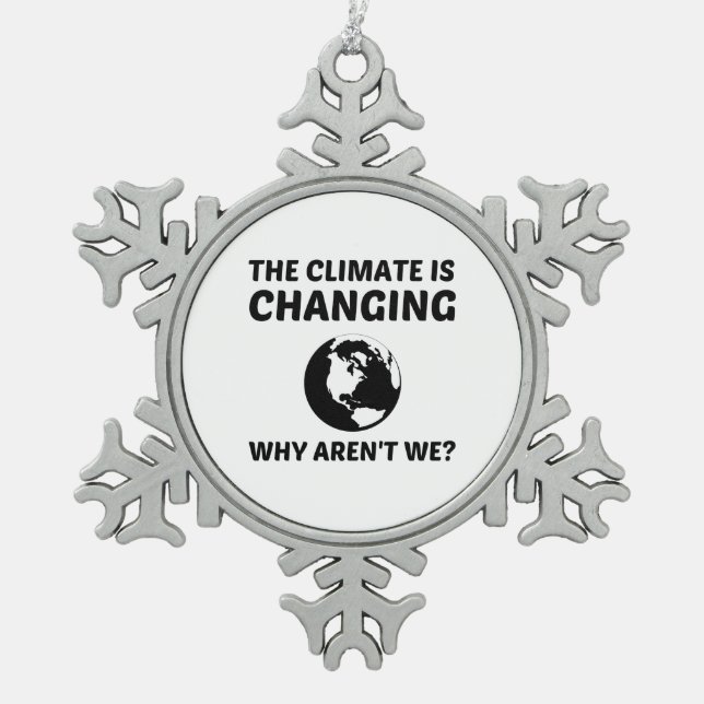 CLIMATE IS CHANGING WHY AREN'T WE SNOWFLAKE PEWTER CHRISTMAS ORNAMENT (Front)