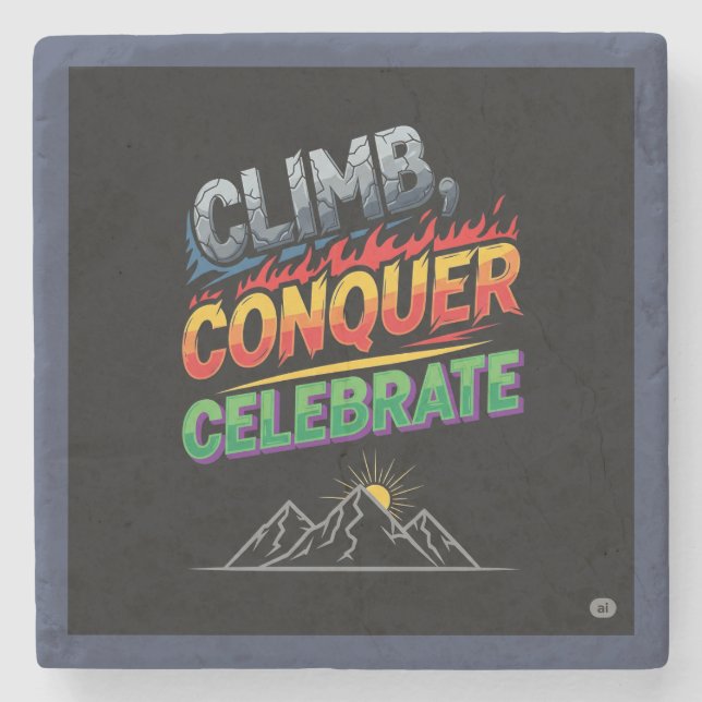 Climb, Conquer, Celebrate. Stone Coaster (Front)