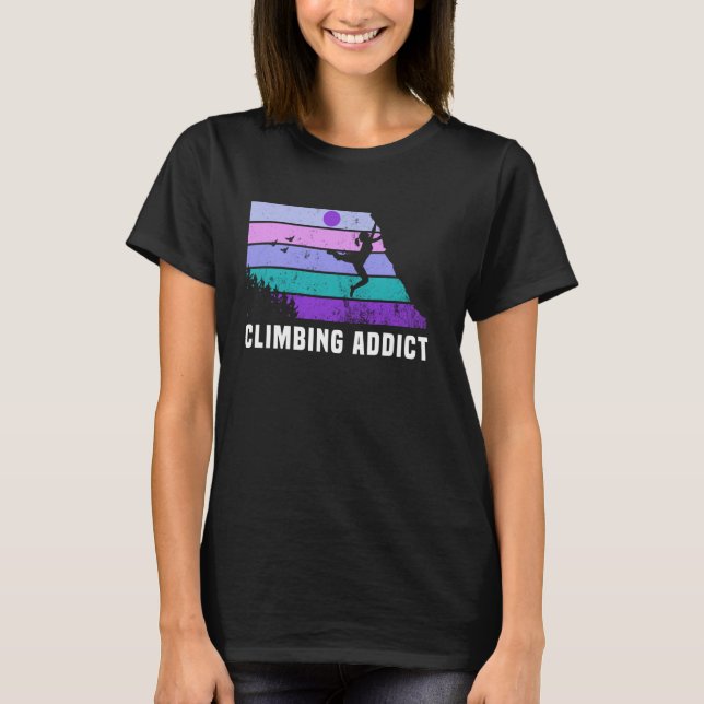 Climb Like a Girl Retro Sunset Rock Climbing Addic T-Shirt (Front)