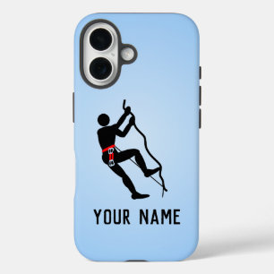 Climber scaling challenging rockface, own name on iPhone 16 case