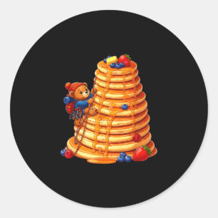 Climbing bear on giant pancake stack breakfast classic round sticker