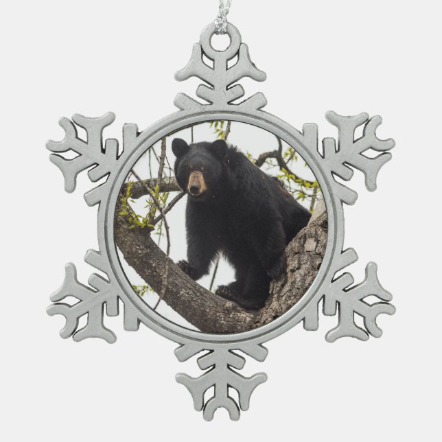 Climbing Black Bear Snowflake Pewter Christmas Ornament (Front)