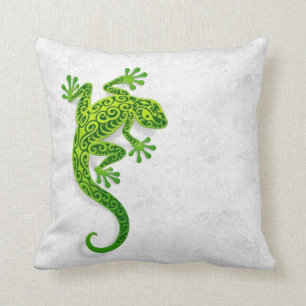 Climbing Green Gecko on a White Wall Cushion