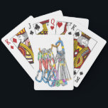 Climbing rack or quickdraws and wires playing cards<br><div class="desc">This design has an illustration of a rock climbing rack that has a set of quickdraws and a set of wires / rocks / nuts hanging from a climbing harness.  A colourful design for anyone who loves rock climbing.</div>