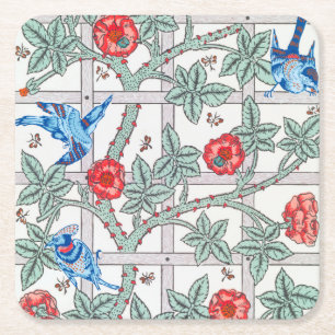 Climbing Rose & Small Bird, William Morris Square Paper Coaster