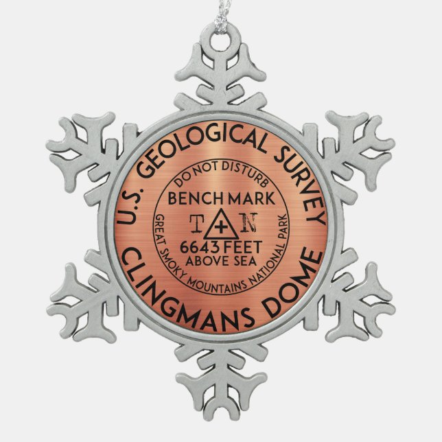 Clingmans Dome Benchmark Tennessee Great Smoky Snowflake Pewter Christmas Ornament (Front)