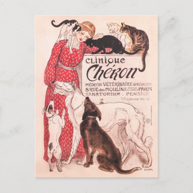 Clinique Cheron Vintage Dog Cat Steinlen Poster Postcard (Front)