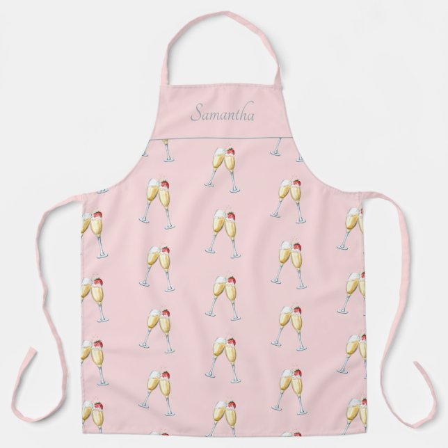 Clinking Champagne Glass and Strawberry Pink Apron (Front)