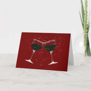 Clinking Red Wine Glasses in the Snow Holiday Card