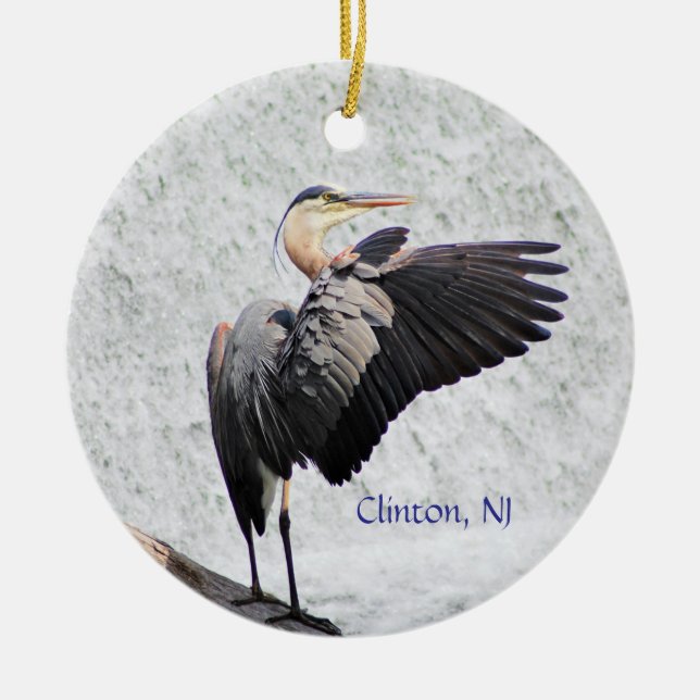 Clinton, NJ Great Blue Heron Ceramic Tree Decoration (Front)