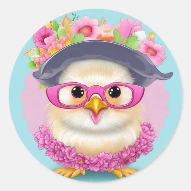 Clipart of a cute floral chick.  classic round sticker (Front)