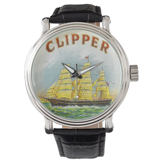 Clipper Sailing Ship Vintage Cigar Box Label Watch (Front)
