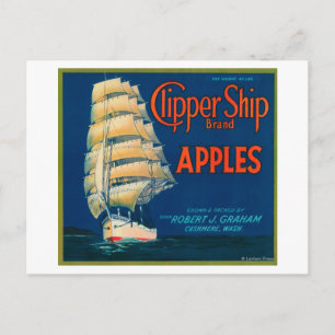 Clipper Ship Apple Label (green) - Cashmere, WA Postcard