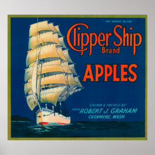 Clipper Ship Apple Label (green) - Cashmere, WA Poster
