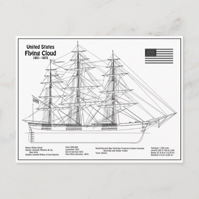 Clipper Ship Flying Cloud - Ship Blueprint BD Postcard (Front)