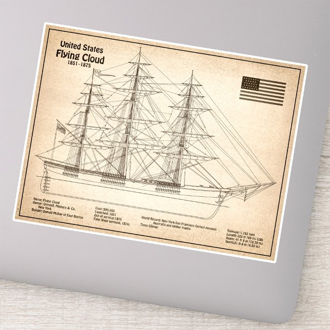 Clipper Ship Flying Cloud - Ship Blueprint SD (Clipper Ship Flying Cloud - Ship Blueprint SD. Sticker)